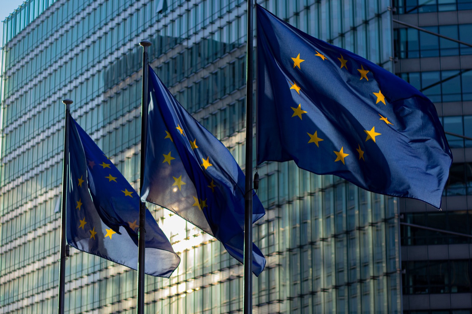 Symbolisches Stockfoto: Flaggen der Europäischen Union vor einem Verwaltungsgebäude.